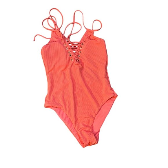Hula Honey Shimmer Rib Lace-up One-Piece Swimsuit in Vintage Red NWT Medium - Picture 6 of 8